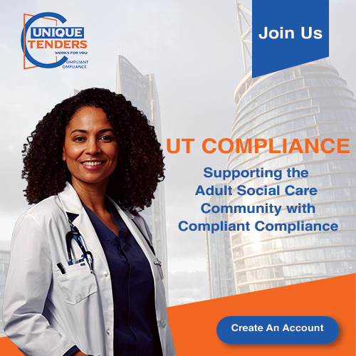 Female healthcare professional smiling confidently, representing Unique Tenders UT Compliance, with text highlighting support for the adult social care community and a call-to-action button to create an account