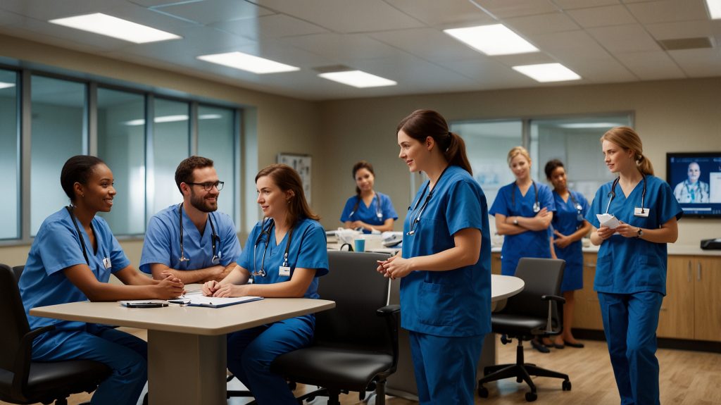 Healthcare team members in a collaborative meeting, wearing blue scrubs in a professional medical setting, discussing patient care and healthcare solutions. Policies and Procedures