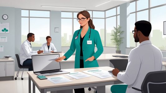 A professional compliance consultant in a teal blazer with a stethoscope, leading a meeting in a bright and modern care facility. The consultant is presenting documents to colleagues seated at a table with a laptop and compliance paperwork, fostering a collaborative and organised atmosphere.
