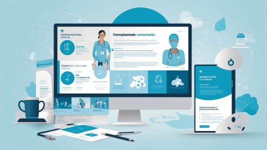 An illustration of a digital workspace showcasing compliance consultancy services. The design features a desktop, tablet, and mobile screen displaying healthcare-themed compliance documents, icons, and figures in medical uniforms. A modern, professional atmosphere with a teal and white color scheme.